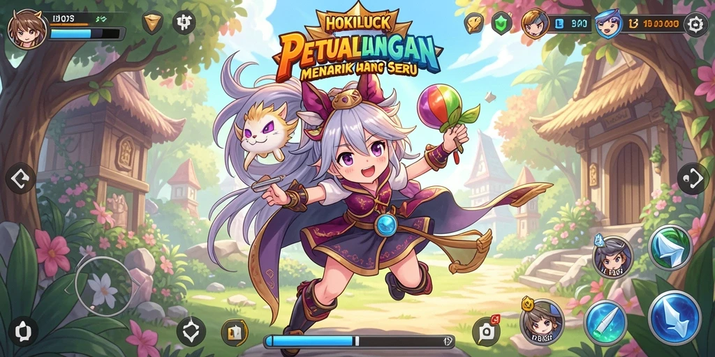 Tampilan gameplay HOKILUCK yang penuh aksi dan karakter anime.