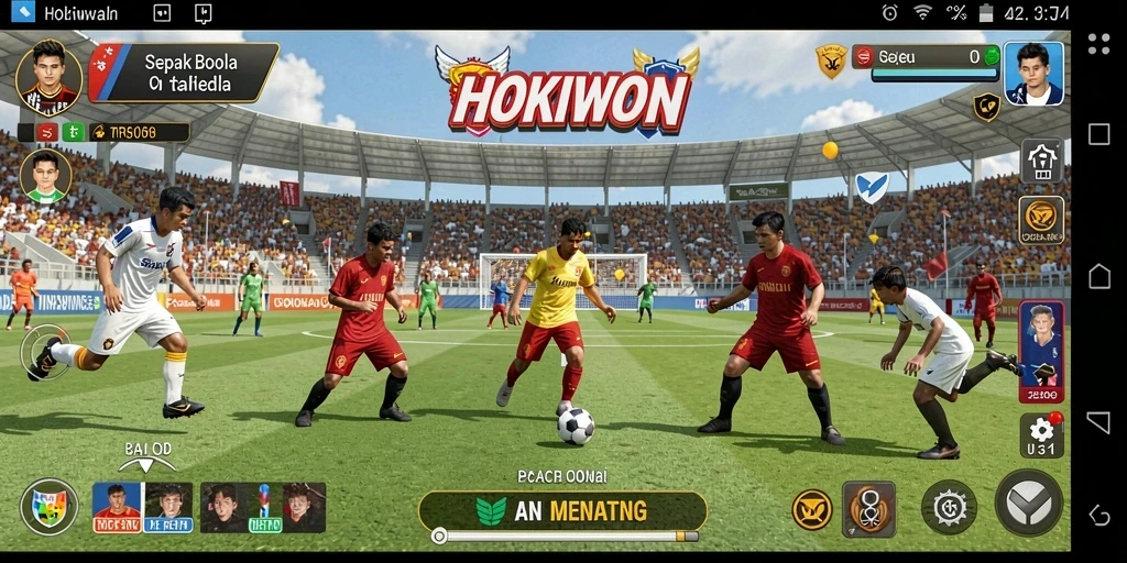 Screenshot gameplay HOKIWON menampilkan aksi sepak bola mendebarkan.