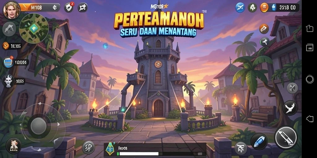 Screenshot gameplay MG108 menampilkan pertahanan menara yang intens.