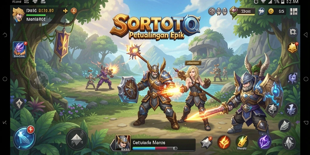 Tangkapan layar SORTOTO menampilkan pertarungan seru dalam dunia fantasi RPG.