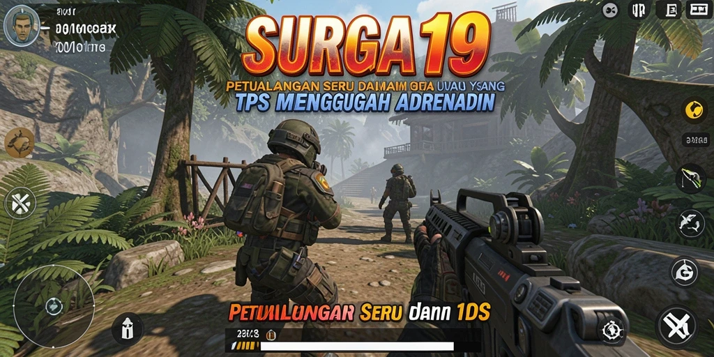 Screenshot utama SURGA19 menampilkan aksi seru dalam gameplay TPS.