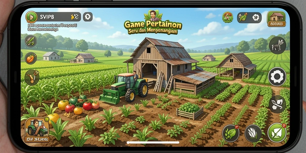 Tampilan layar gameplay SVIP8 dengan ladang yang subur dan hewan ternak.