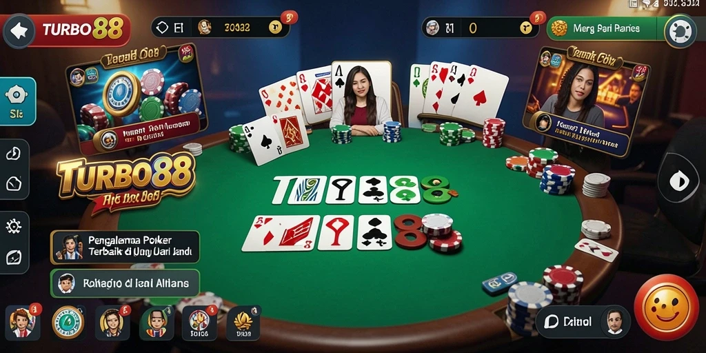 Screenshot gameplay TURBO88 menampilkan aksi seru permainan poker.